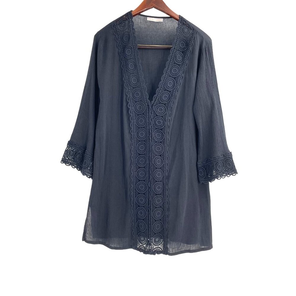 La Blanca Womens Tunic Swim Cover-Up Beachwear Crochet Trim Deep V-Neck Black XS - Picture 1 of 6